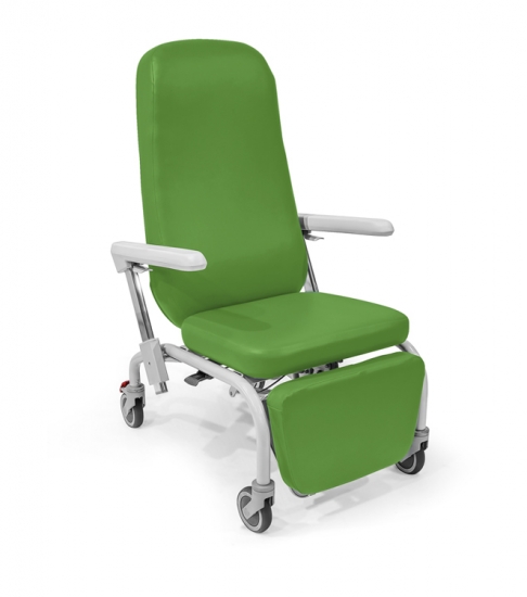 Easy chair with wheels. Backrest and leg rest adjustment by...