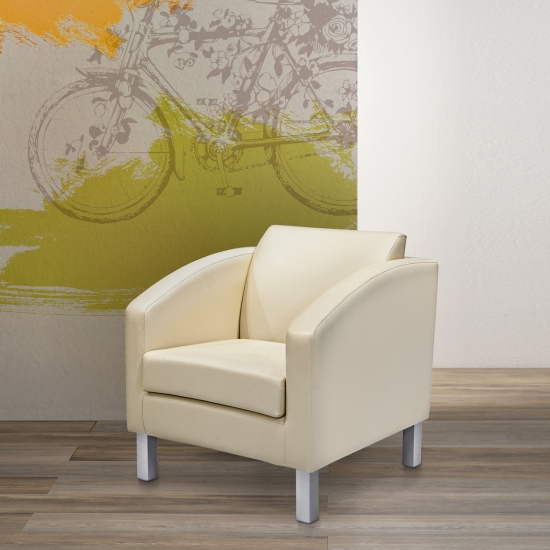 Upholstered armchair, wooden frame and metal feet